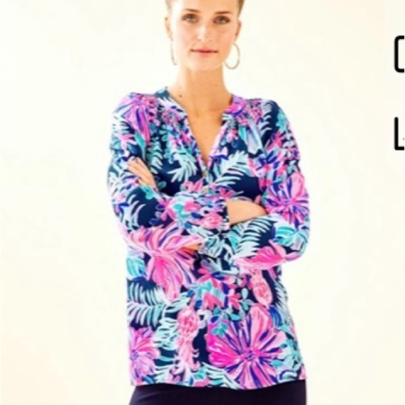 Lilly Pulitzer Elsa Silk toPink and Blue Long Sleeve Blouse - Picture 1 of 11